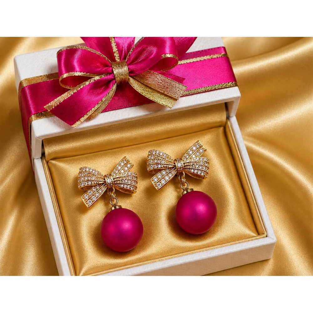 Gold Tone Bow Drop Earrings Pink Matte Bead Crystal Pavé Statement Coquette